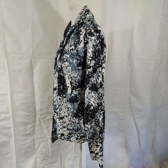 Nordstrom Shirt Top Women Size Medium Button Up Tie Neck Black Gray White Blouse - Picture 5 of 12